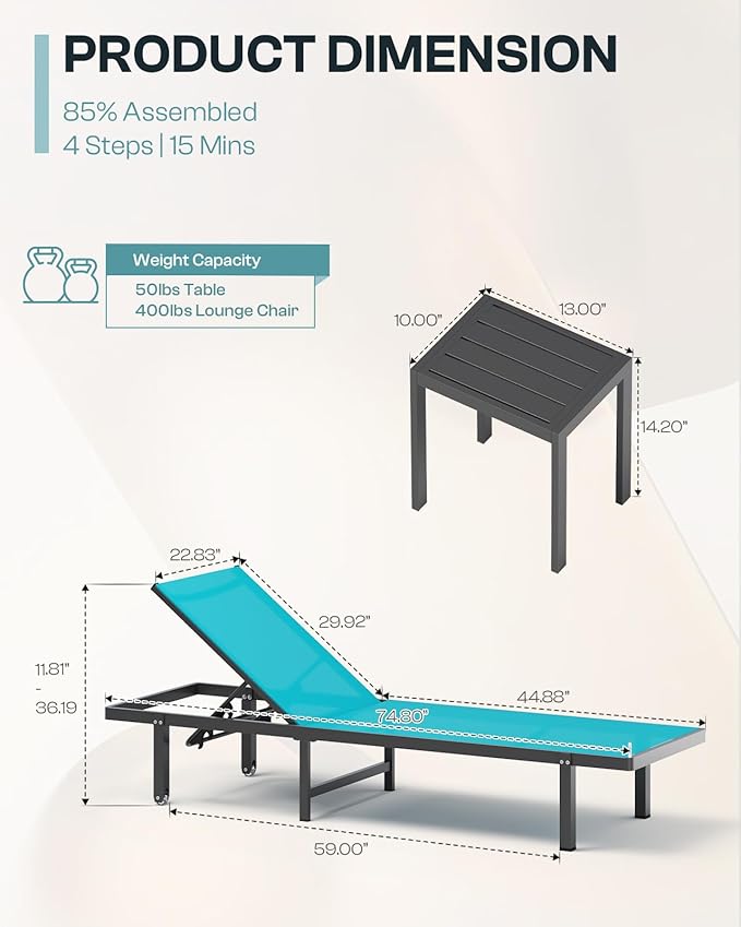 Lounge Chair Outdoor with Wheels, Aluminum Patio Chaise Lounge Chair with 5 Adjustable Backrest - Easy to Move- Pool Lounge Chairs for Deck, Beach, Poolside (Lakeblue)