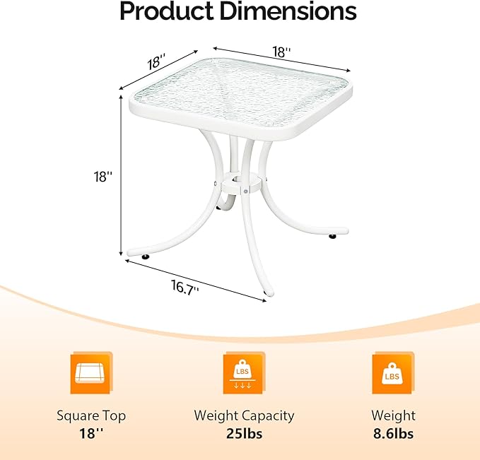 VINGLI Outdoor Side Table, 18in Patio Table Steel Frame Tempered Glass Top, Weatherproof Small Tables for Balcony Garden Poolside (White, Square)