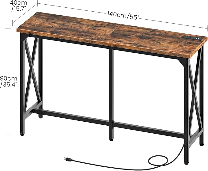 55'' Bar Table, Kitchen Dining Table with Power Outlet and Footrest, Industrial Style, for Pub, Living Room, Rustic Brown and Black TBT09UBF