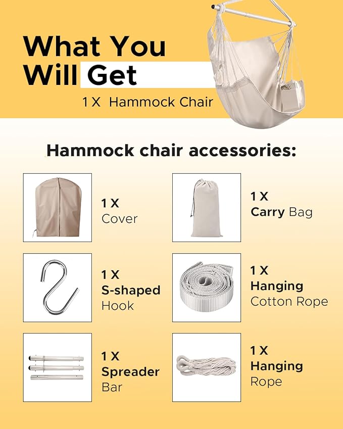 ADVOKAIR Hammock Chair Swing, Heavy-Duty Hanging Rope Swing Seat Supports 500 Lbs, Ideal for Outdoor Patio, Backyard, Porch, Deck & Indoor Bedroom Use