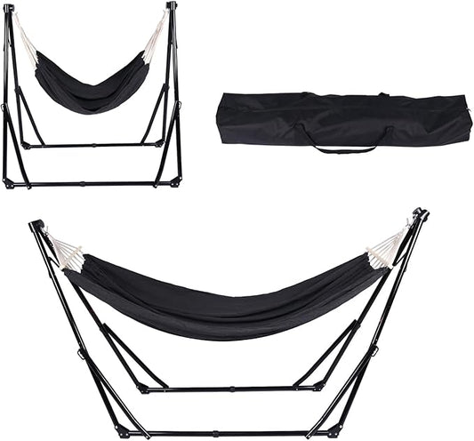 2 in 1 Hammock with Stand - Portable Hammock & Swing Chair, No Tools Assembly, with Carry Bag, Indoor Outdoor for Patio, Garden, Camping, Apartment (Black)