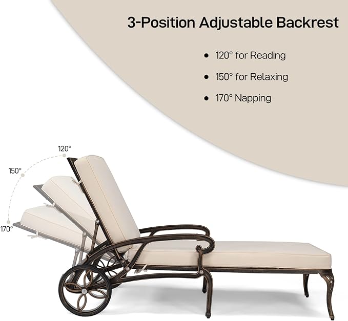 VINGLI Cast Aluminum Outdoor Chaise Lounge Chair with Wheels Set of 2, Patio Chaise Lounge with 3-Position Adjustable Backrest, Tanning Chair Reclining Chair for Poolside (2PCS, Bronze, with Cushion)