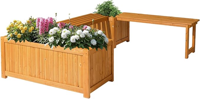 VINGLI Outdoor Wood Bench with Planter Boxes, 2-in-1 All-Weather Porch Bench Seat ＆ Open-Ended Wooden Raised Garden Bed, for Balcony Yard Patio (1 Box + Rectangle)