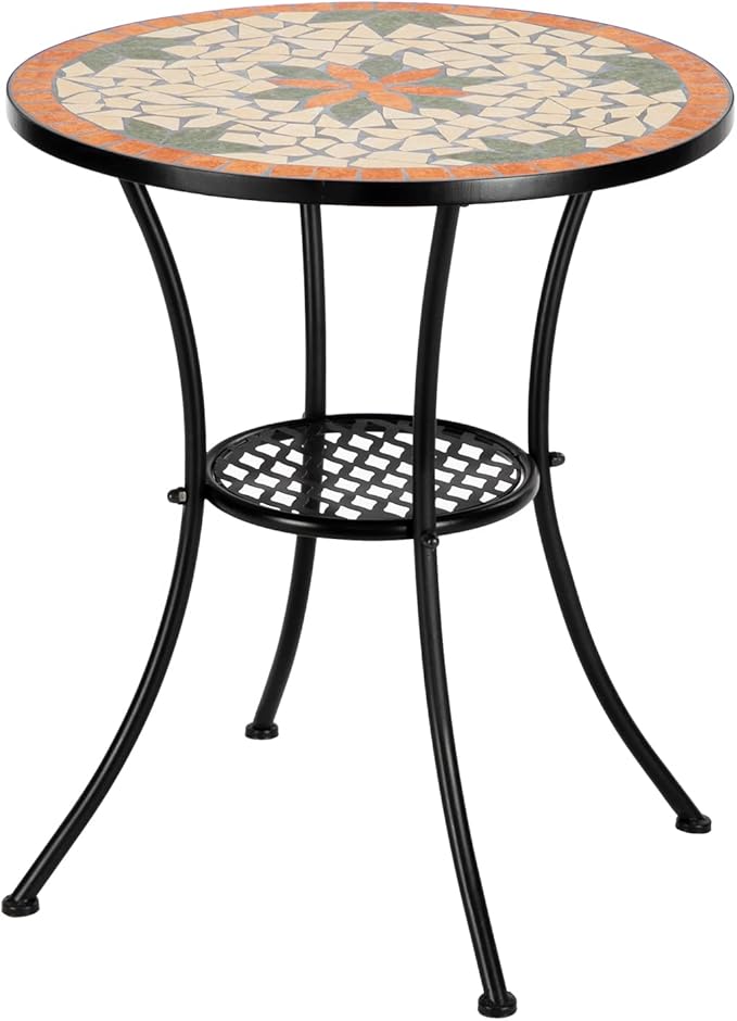 VINGLI Garden Patio Mosaic Table, Outdoor Bistro, Black Iron Frame, 23.6" Round End Table, Accent Table (Does not Include Chairs)