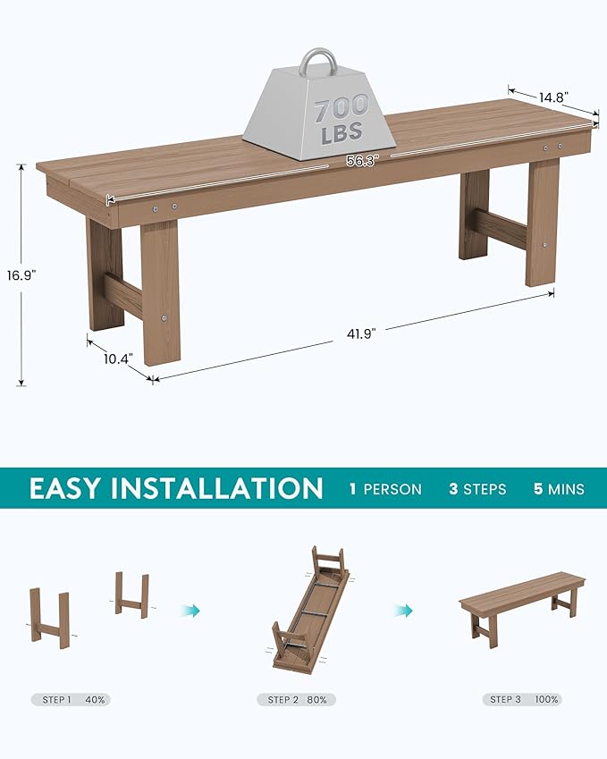 SERWALL 2-Person Outdoor Bench Backless, HDPE Outdoor Benches Weatherproof, 700 Lbs Weight Capacity, Poly Lumber Patio Furniture for Garden, Porch and Park, Brown