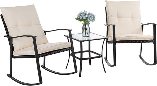 Vongrasig 3 Piece Outdoor Rocking Chair Set, PE Wicker Rattan Small Bistro Set, Front Porch Furniture Rocking Chairs Set of 2, Cushioned Patio Rocker Chair Set with Glass Table (Beige)