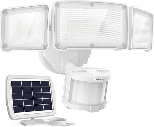 LEPOWER 1600LM LED Solar Security Lights Motion Outdoor, Motion Sensor Light, 5500K White Light, IP65 Waterproof Outdoor Flood Solar Light with 3 Adjustable Head for Yard, Garage（White）