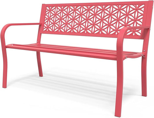 VINGLI 50" Outdoor Bench Metal with Floral Back, Garden Bench Front Porch Bench for Yard Patio Entryway Park Outside, 800lb Capacity - Pink