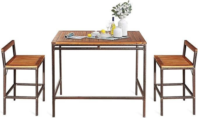 HAPPYGRILL 3 Pieces Outdoor Wicker Rattan Bar Set, Acacia Wood Patio Dining Furniture Set with 2 Chairs for Poolside Backyard Patio Balcony