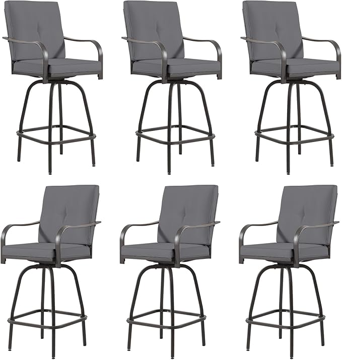 Outdoor Swivel Bar Stools Set of 6,Bar Height Patio Chairs with Cushions and High Backrest, All Weather Patio Bar Stools Furniture for Bistro Lawn, Pool, Garden and Backyard,Gray