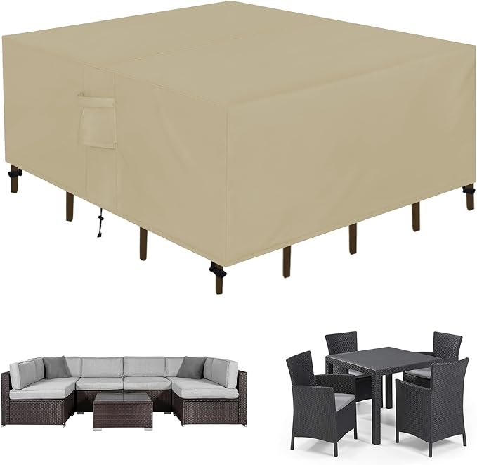 Easy-Going Square Patio Furniture Waterproof Outdoor Dining Table and Chair Covers - Anti-UV Outside Sectional Sofa Set (84"L x 84"W x 28"H, Camel)