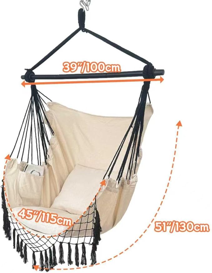 Hammock Chair Hanging Rope Swing Chair,Max 450 Lbs, Large Hanging Chair with Pocket, 2 Cushions, Removable Steel Bar, Hardware Kit Included, Sturdy and Comfortable for Indoor Outdoor (Beige)
