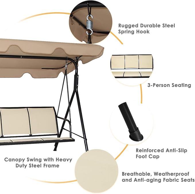 Tangkula 3 Person Patio Swing, Steel Frame with Polyester Angle Adjustable Canopy, All Weather Resistant Swing Bench, Suitable for Patio, Garden, Poolside, Balcony (Brown)