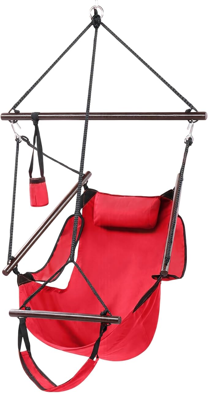 ONCLOUD Hammock Chair Hanging Swing Seat Air Deluxe Rope Through Beech Wood Bars, Drink Holder & Fuller Pillow Safer Relax for Indoor Outdoor 250Lbs, Red