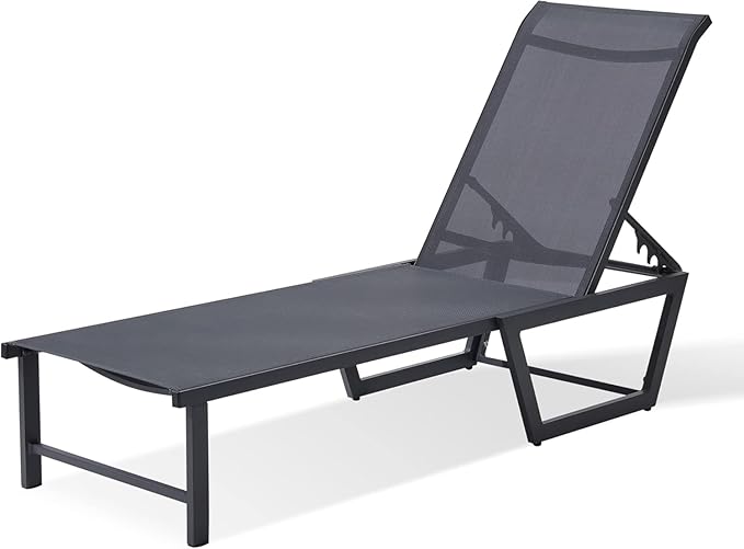 Lounge Chair Outdoor, No Assembly Required Pool Lounge Chairs,5-Position Adjustment Aluminum Patio Lounge Chair with Portable Design for Pool, Beach, Deck, Backyard Use (Black,1pcs)