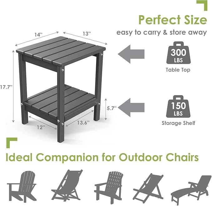 GREENVINES Adirondack-Outdoor-Side-Table | 14 x 13 Inches | HDPE Plastic | All Weather | Grey | Outside End Tables | Storage Shelf | for Patio Porch Backyard Indoor