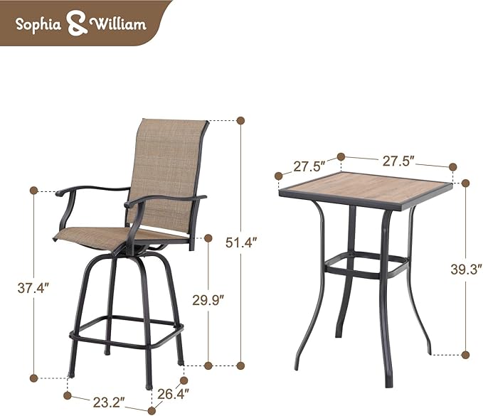 Sophia & William Outdoor Bar Set, Patio Bar Table and Chairs Set, Bar Height Patio Set - 4 x Swivel Bar Chairs(Brown), 1 x Square Bar Table(Wood-Like)