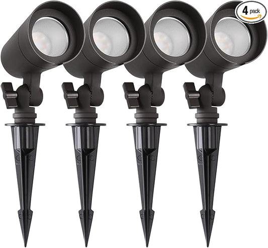 3CCT LED Landscape Lights with Connectors, 12V Low Voltage, 3000K/4000K/5000K Selectable, 3W, 200LM, Outdoor Waterproof Garden Pathway Lights Wall Tree Flag Spotlights with Spike Stand, 4 Pack