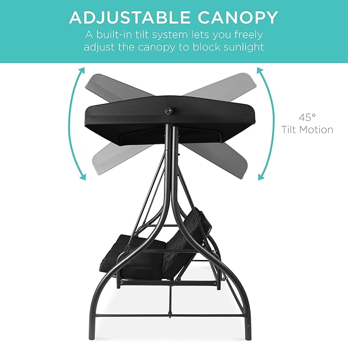 Best Choice Products 3-Seat Outdoor Large Converting Canopy Swing Glider, Patio Hammock Lounge Chair for Porch, Backyard w/Flatbed, Adjustable Shade, Removable Cushions - Black