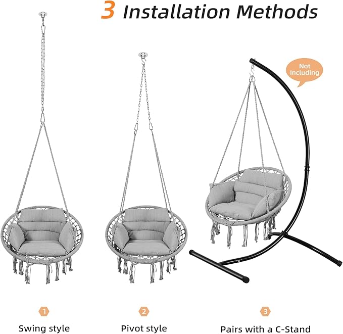 Goutime Hammock Chair, Macrame Hanging Swing Chairs with Cushion and Hardware Kit,Adult Boho Swings for Outside,Patio,Balcony,Bedroom (Light Grey)