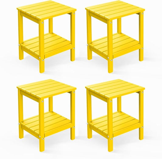 GREENVINES Adirondack-Outdoor-Side-Table | Set of 4 | 14 x 13 Inches | HDPE Plastic | All Weather | Yellow | Outside End Tables | Storage Shelf | for Patio Porch Backyard Indoor