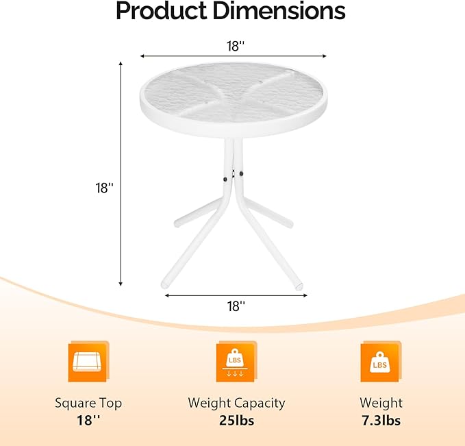 VINGLI Outdoor Side Table, 18" Patio Table Steel Frame Tempered Glass Top, Weatherproof Small Tables for Balcony Garden Poolside (White, Round)