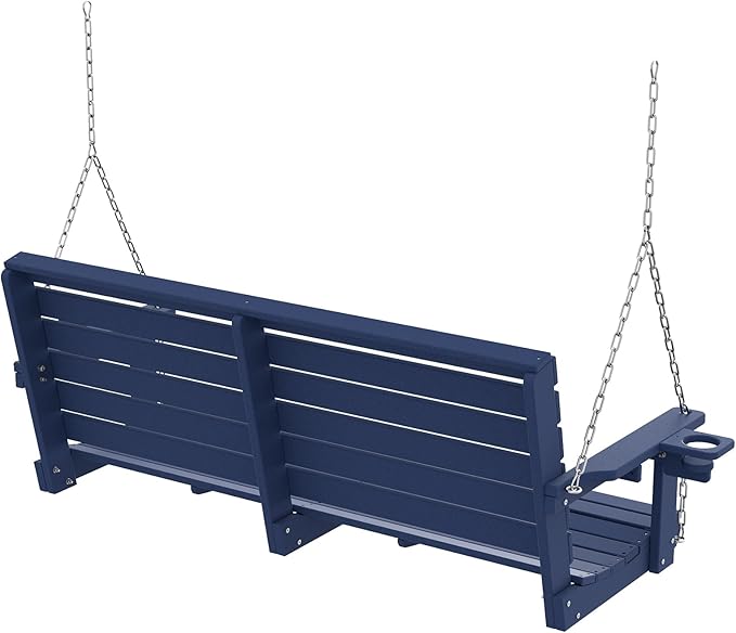 Plawdlik Porch Swings,2 Seat Patio Chair with Two Cup Holders,HDPE Waterproof Bench for Courtyard-Navy Blue