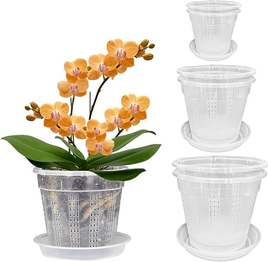 Orchid Pot with Saucers, 2 Each of 4.3",5.5",6.1" Orchid Pots with Holes, 6Pcs Clear Plastic Planter for Indoor Outdoor Plants (2 Each of 4.3,5.5",6.1" with Saucers)