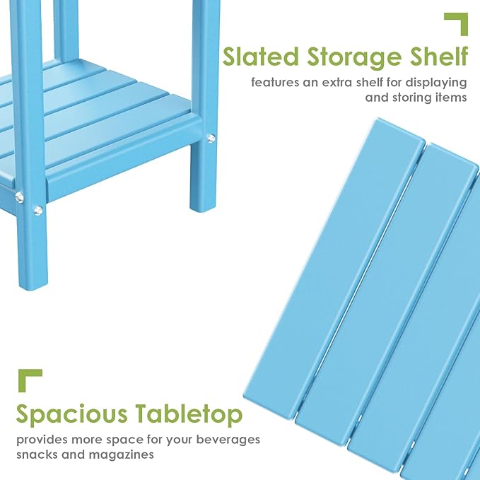 GREENVINES Adirondack-Outdoor-Side-Table | Set of 2 | 14 x 13 Inches | HDPE Plastic | All Weather | Arctic | Outside End Tables | Storage Shelf | for Patio Porch Backyard Indoor