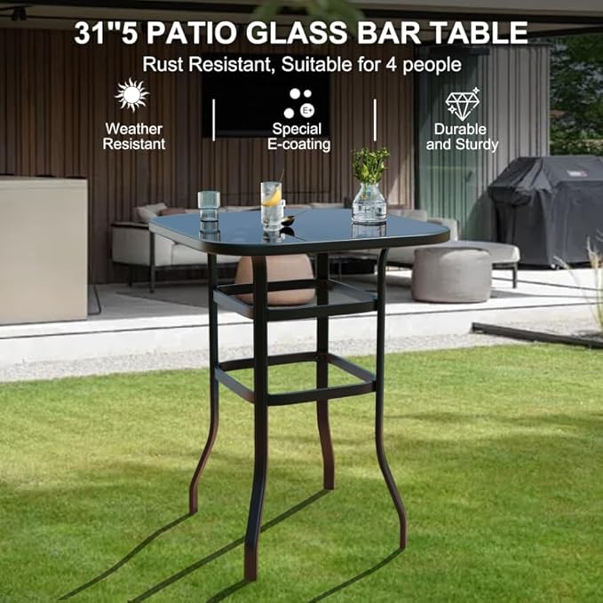 5 Piece Outdoor High Top Bar Set, 5 Pieces Outdoor Swivel Bar Set with 4 Swivel Chairs and Glass Top Table, All Weather Textile Fabric Outdoor Bar Height Chairs and Table Set of 5 for Deck, Backyard