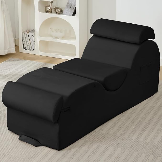 ijuicy Sleek Chaise Lounge Chair for Exercise/Yoga, Indoor Lounger with Headrest, Waist Cushion, Movable Footrest, Side Pockets, Non-Slip Bottom, High Density Sponge, Black
