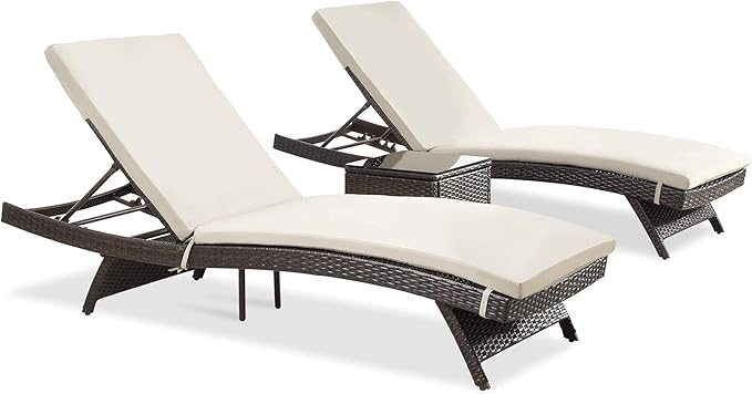 Pamapic Patio Chaise Lounge Set 3 Pieces with Adjustable Backrest and Removable Cushion, Outdoor Pool Chair for Patio Poolside Backyard Porch