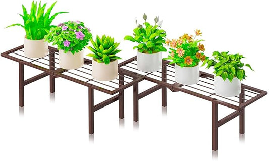 2 Pack Metal Plant Stand Outdoor Indoor, 1 Tier Folding Tiered Flower Plant Shelf, Heavy Duty Ladder Multiple Pot Display Plant Rack for Patio Garden Balcony Windowsills, Brown