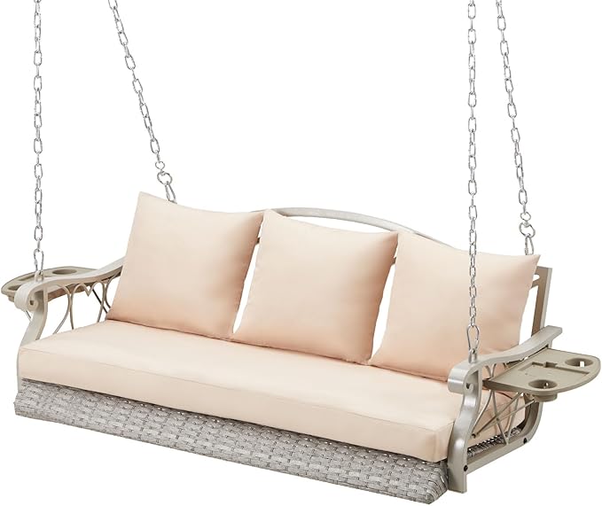 3-Person Wicker Porch Swing Chair Heavy Duty 900 LBS Outdoor Rattan Patio Swing Chair w/Cup-Holder & Steel Chains Hanging Bench Porch Swing Cushions for Deck & Backyard & Garden