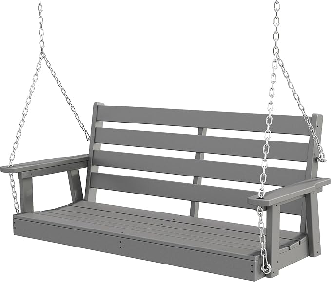 GREENVINES Porch Swing | 51’’ | HDPE Plastic | for Outdoor Patio | All Weather | Waterproof Bench Swings | w/ 4 Stainless Steel Chains | Grey