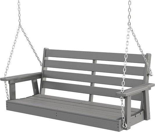 GREENVINES Porch Swing | 51’’ | HDPE Plastic | for Outdoor Patio | All Weather | Waterproof Bench Swings | w/ 4 Stainless Steel Chains | Grey