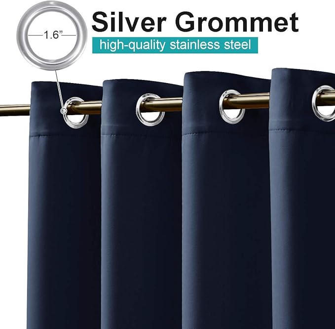 NICETOWN 2 Panels Navy Blue Outdoor Curtains for Patio Waterproof, Silver Stainless Steel Grommet Light Blocking Thermal Insulated Vertical Drapes for Front Porch & Canvas, W52 x L72