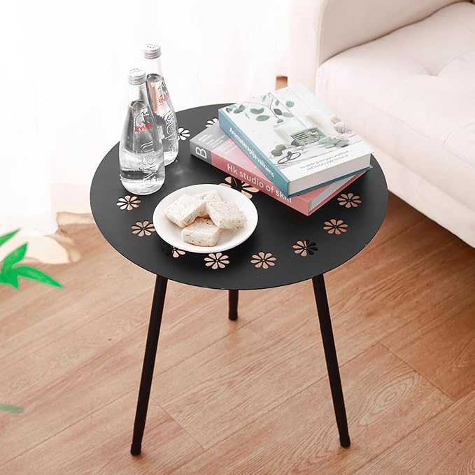 18 Inch Outdoor Side Table Patio Round Tables for Outside Black End Tables Small Coffee Table End Table Modern Metal Porch Plant Stands for Balcony, Indoor, Bedroom, Living Room, Small Spaces