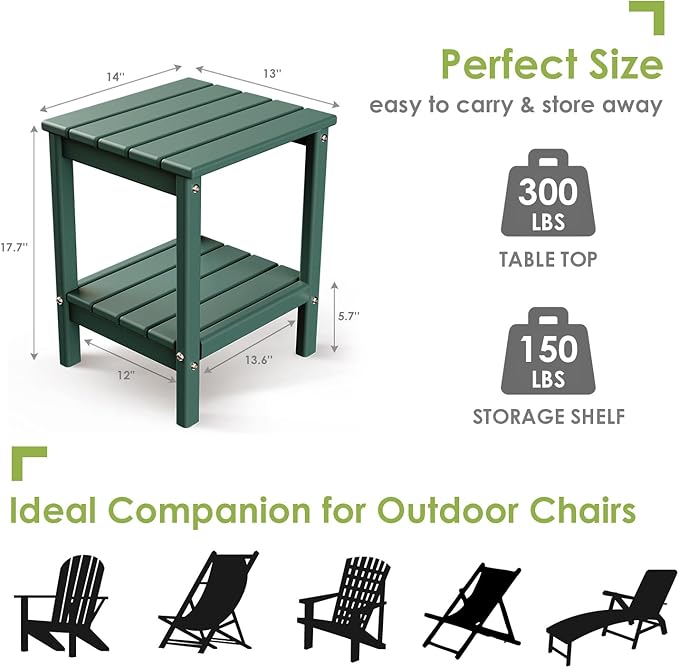 GREENVINES Adirondack-Outdoor-Side-Table | Set of 2 | 14 x 13 Inches | HDPE Plastic | All Weather | Forest Green | Outside End Tables | Storage Shelf | for Patio Porch Backyard Indoor