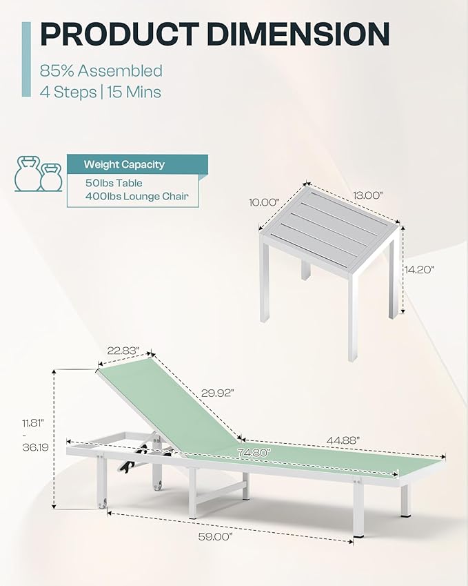 Lounge Chair Outdoor with Wheels, Aluminum Patio Chaise Lounge Chair with 5 Adjustable Backrest - Easy to Move- Pool Lounge Chairs for Deck, Beach, Poolside (LightGreen)