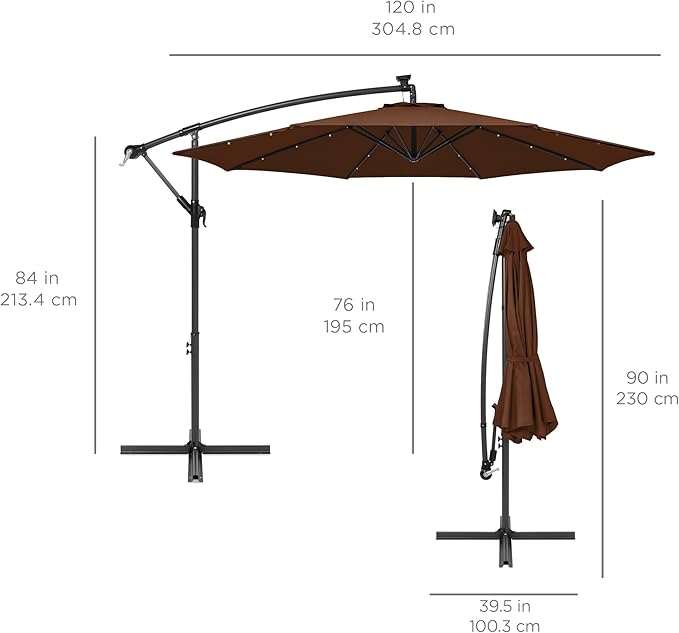 Best Choice Products 10ft Solar LED Offset Cantilever Hanging Market Patio Umbrella, 8 Sturdy Ribs, Easy Adjustment - Brown