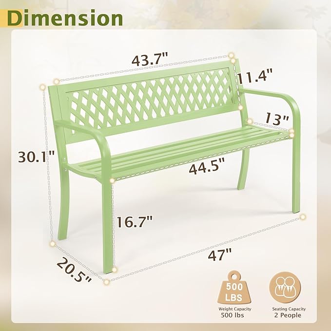 Outvita Outdoor Bench, 47" Iron Steel Frame Garden Bench with Mesh Pattern and Plastic Backrest Armrests, Patio Bench for Garden Park Yard Front Porch Patio, Green