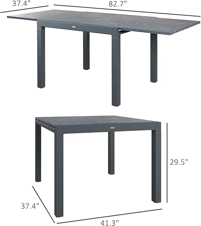 Outsunny Extendable Outdoor Dining Table, 41"- 83" Aluminum Frame Patio Table with Wood Effect Steel Top, Rectangle Expandable Patio Table for 6-8, Dark Gray