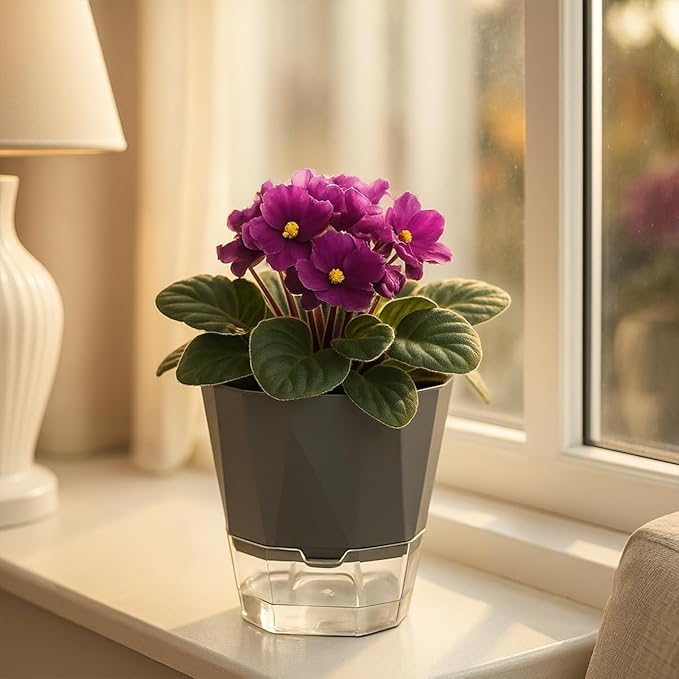 2 Pack Self Watering Plant Pots 8.4" Self Watering Planters for Indoor and Outdoor Plants African Violet Self Watering Clear Pots for Plants Large Herb Orchid Flower Houseplant Pots, Dark Grey
