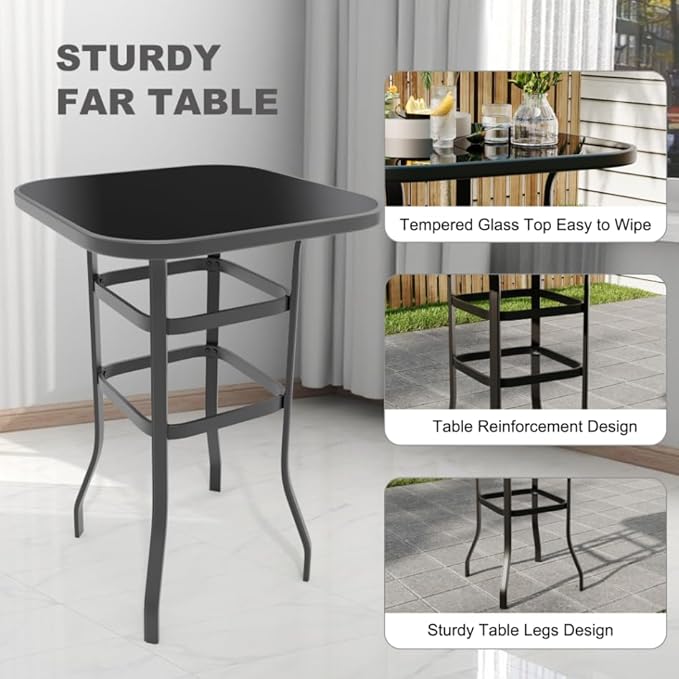 3 PCS Patio Swivel Bar Stools Set, 3 Piece Swivel Outdoor Table and Chairs Bar Set, All Weather Textile Fabric Outdoor High Stool Bistro Set with High Glass Bar Table for Lawn, Garden, Balcony