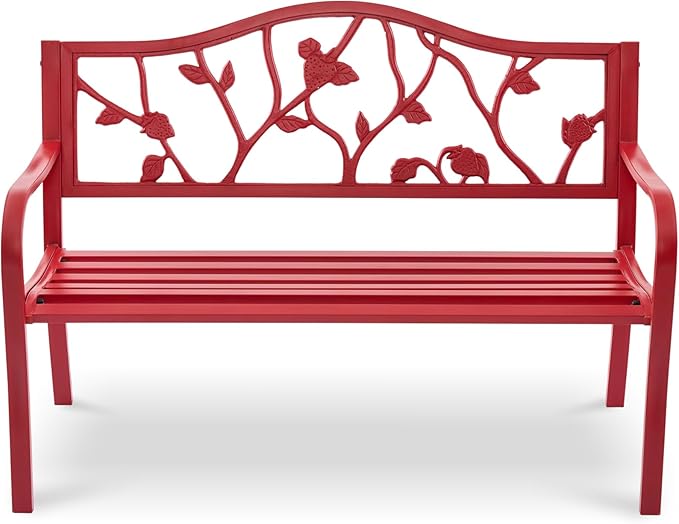 50" Outdoor Garden Bench, Cast Iron Metal Outdoor Benches Weatherproof with Artistic Strawberry Backrest, Red Patio Bench for Porch, Backyard, Lawn