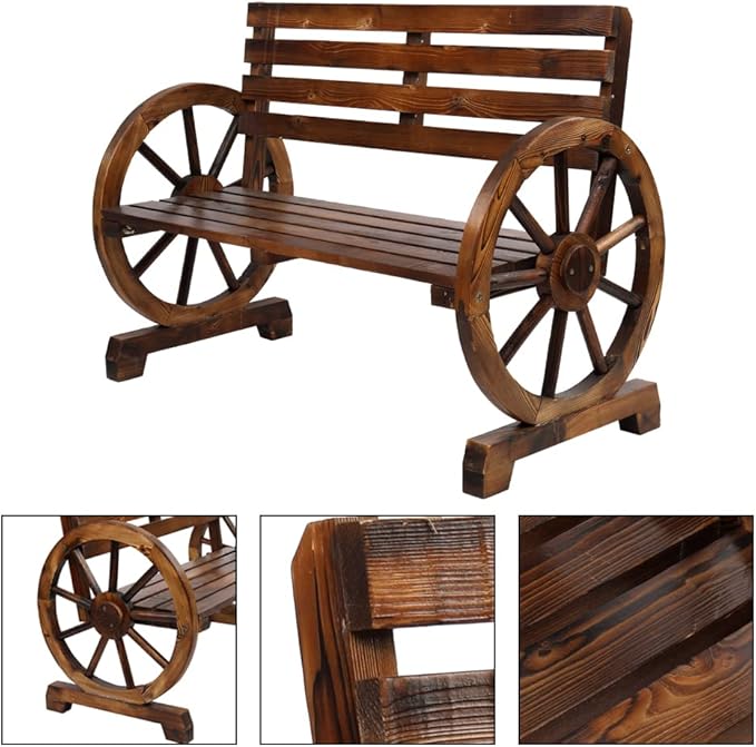 Outvita Wooden Garden Bench, Outdoor Rustic Wagon Wheel Bench with Armrest & Fir Construction for Garden Porch Backyard Patio Park, Seats 2 Person Carbonized