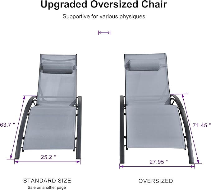 PURPLE LEAF Patio Oversized Chaise Lounge Chair Set with Side Table Poolside Adjustable Recliner Chairs for Outside Beach Outdoor Pool Sunbathing Tanning Lounger, Light Grey