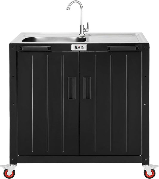 Outdoor Kitchen Island with Stainless Steel Sink and Storage Cabinet, 35-Inch BBQ Prep Station with Faucet & Lockable Wheels for Patio, Backyard, and Outdoor Cooking, Black & Silver