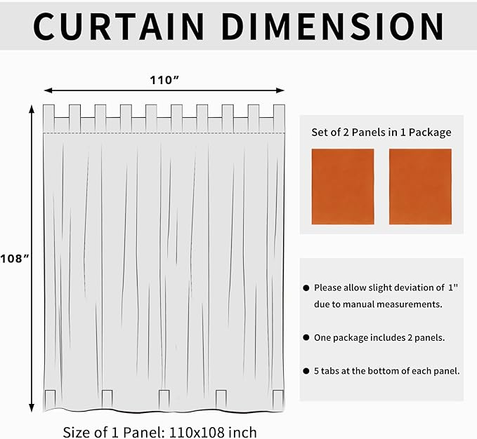 Easy-Going Outdoor Patio Curtains Detachable Tab Top Windproof Weatherproof Curtain for Cabana, Porch, Pergola and Gazebo, Tab Bottom Drape, 2 Panels, 110W x 108L inch, Orange
